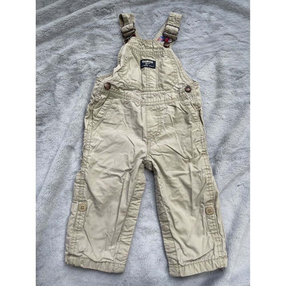 OshKosh Bgosh Toddler Overalls 18M Beige With Red & Blue Plaid Lining